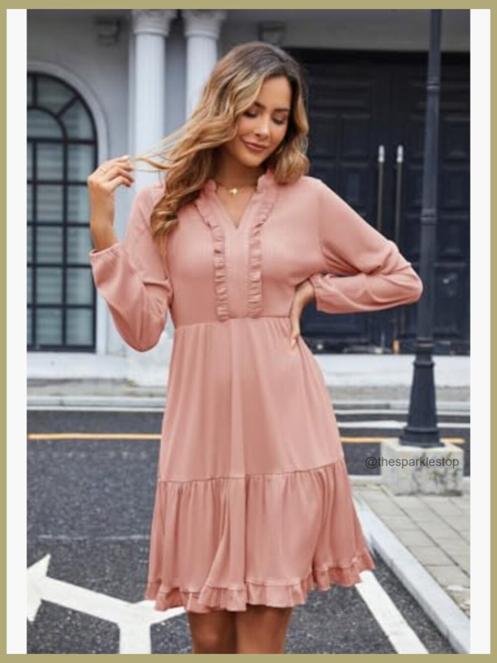 Casual Pleated Long Sleeve Midi Dress with Pockets - Picture 2 of 6